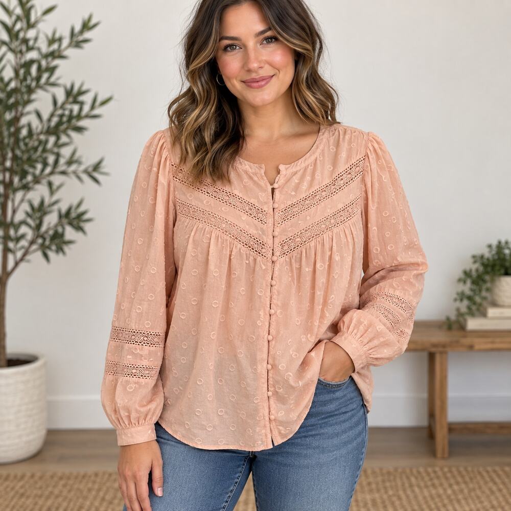 Torrid Swiss dot pink long sleeve button front shirt blouse 3X